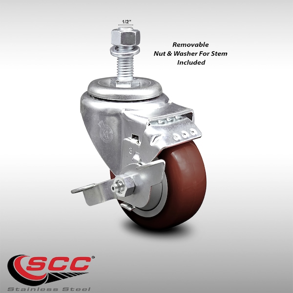 Service Caster 3.5 Inch SS Maroon Polyurethane Swivel 1/2 Inch Threaded Stem Caster with Brake SCC-SSTS20S3514-PPUB-MRN-TLB-121315 - main